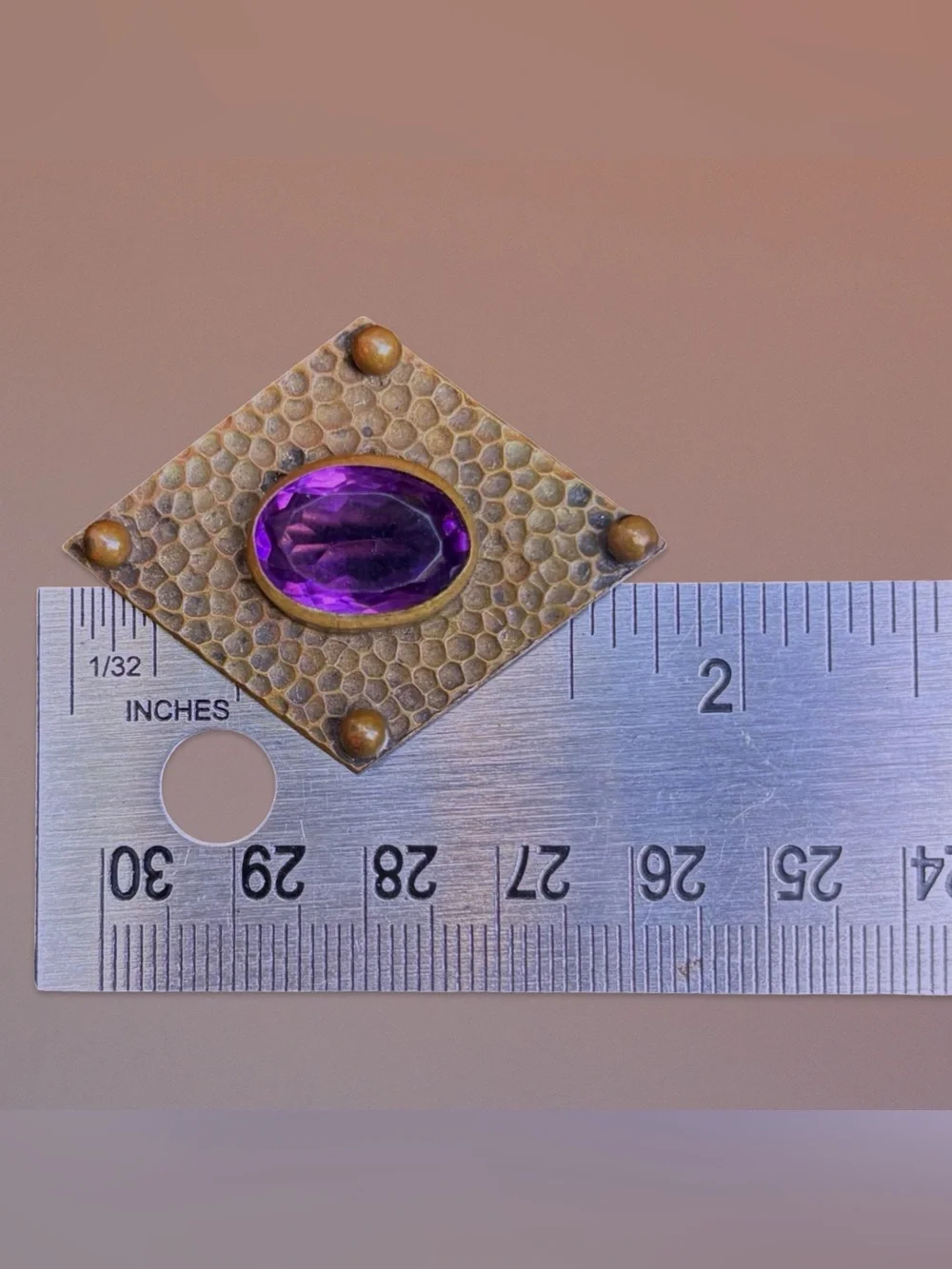 Antique Arts & Crafts Hammered Brass Amethyst Glass Brooch Pin w/ Box